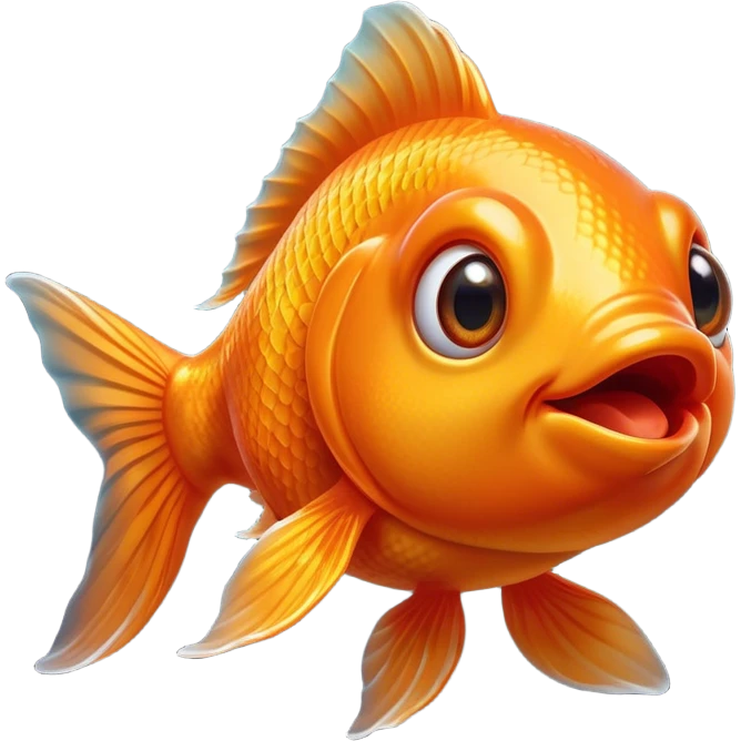 Cinematic Comical Orange Goldfish Portrait Emoji, Head tilted dramatically with an exaggeratedly amused expression, featuring a striking, glossy orange body with lively, fluttering fins, wide, expressive golden eyes filled with playful disbelief, Simplified yet hilariously expressive features, highly detailed, glowing with a slightly sassy glow, high shine, dramatic yet playful, stylized with an air of cheeky mischief, bright and endearing, soft glowing outline, capturing the essence of a spirited and over-the-top goldfish, so meme-worthy it feels like it could side-eye its way into internet fame instantly! emoji