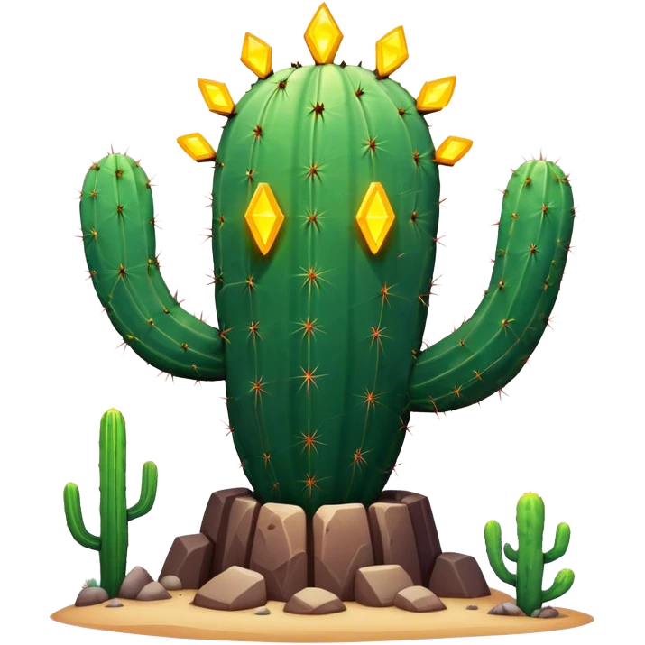 A towering, cactus-shaped rock guardian covered in glowing runes and pulsing with desert energy, neon cactus golem emoji