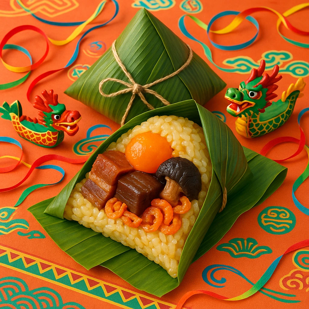 A festive zongzi with sticky rice, salted egg yolk, braised pork belly, mushroom, and dried shrimp filling, wrapped in green bamboo leaves, with Dragon Boat Festival decorations. emoji