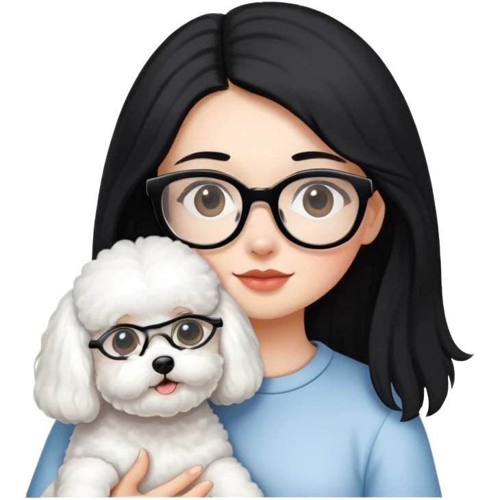 Girl with long black hair and glasses holding a white Bichon Frise dog emoji