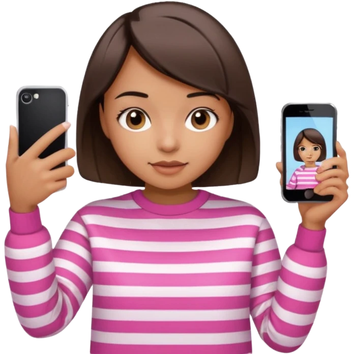 Emoji of a cute 3D girl with short dark brown bob hairstyle, wearing a pink and white striped sweatshirt. She is holding a phone and taking a selfie, white background.

 emoji