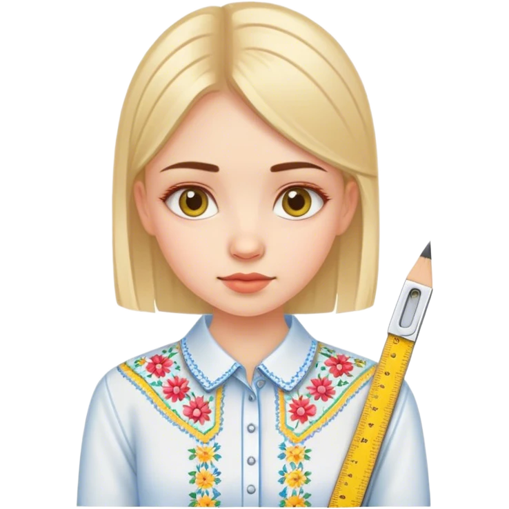 A Ukrainian girl in an embroidered shirt holds a ruler emoji