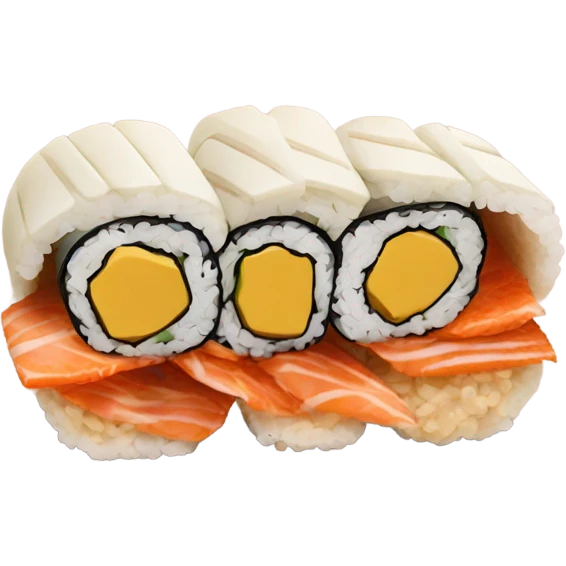 sushi with calamar head inside and burger smashed also inside and also chicken legs also inside  emoji