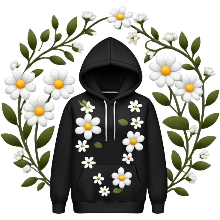 The BLACK Hoodie features a black base with distinctive white and black  open flower spots with empty space in the middle, These hollow ring-like patterns are scattered across. BLACK AND WHITE FLOWERS SPACED OUT FLOWERS, AND ONLY A FEW FLOWERS AND NO DOTS, NO VINES emoji