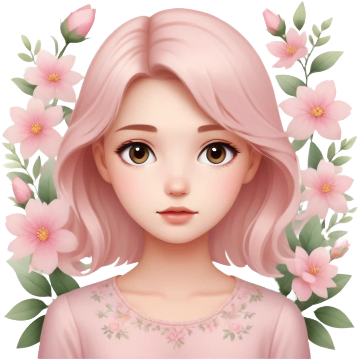 A portrait of a beautiful girl , wearing a light pink blouse and soft makeup. She has an ethereal, dreamy expression, with a blurred floral backdrop emoji
