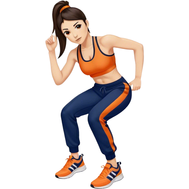 Melanie chisholm with a dark brown high ponytail, wearing an orange sports bra and navy blue track pants with sneakers emoji