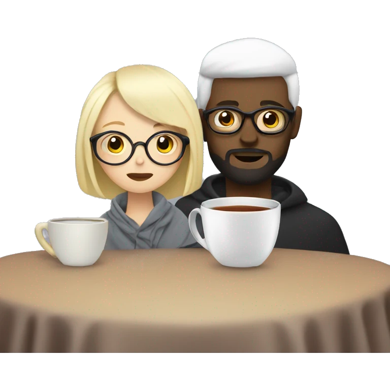 Pale blonde girl wearing glasses and bearded black short hair man drinking tea under blanket emoji