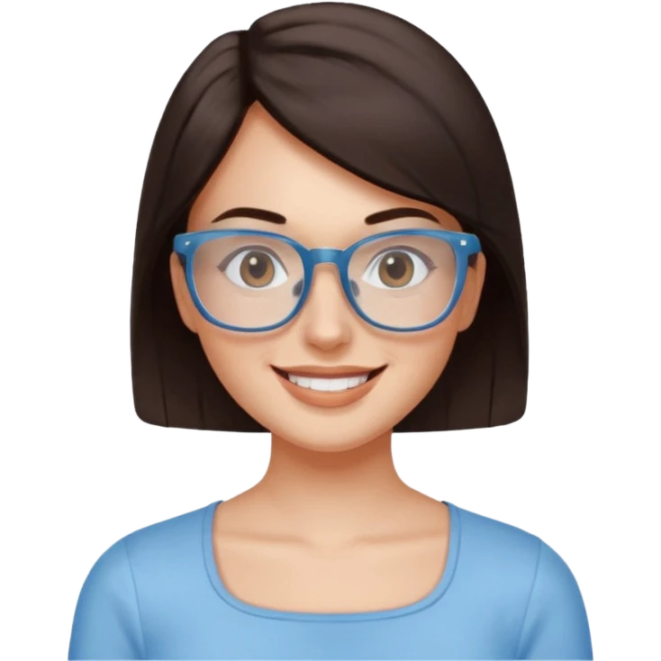 mujer de 30 años, cabello marron oscuro, anteojos cuadrados transparente, top celeste escote cuadrado, piel blanca, cara redonda emoji