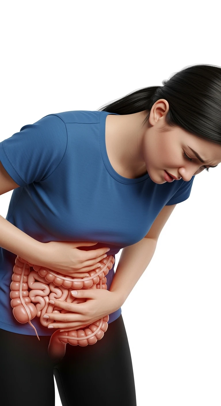 donna giovane piegata in avanti con mal di pancia e INTESTINO UMANO ANATOMICO IN EVIDENZA, iperrealistica 4k, ISOLATA SU SFONDO BIANCO emoji