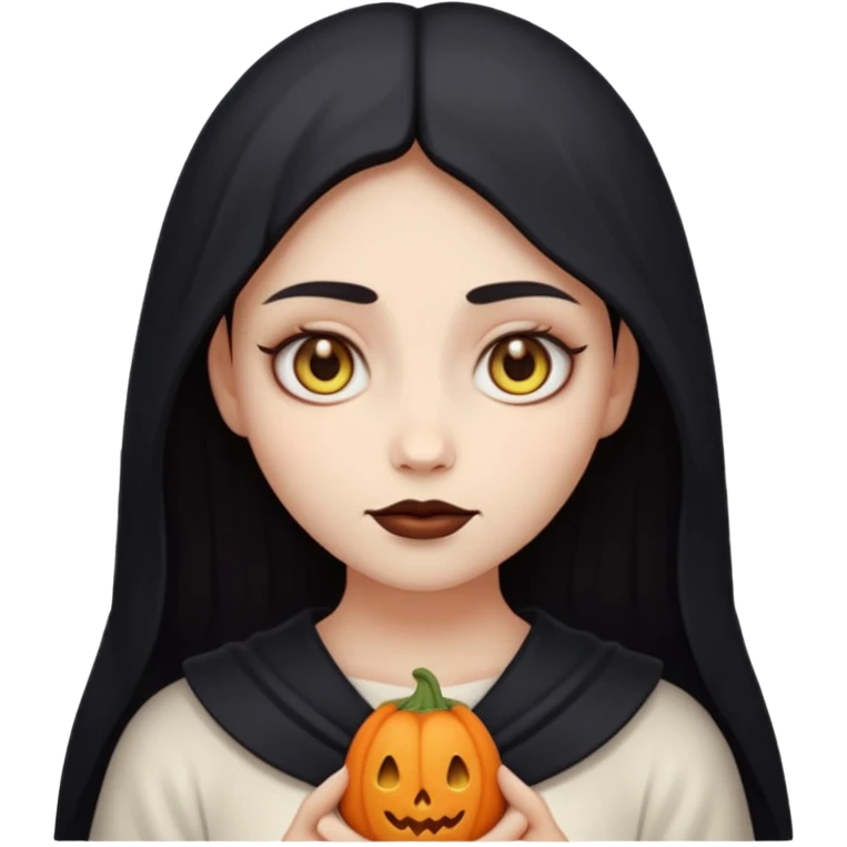 Stylized cult cartoon girl emoji, eerie-cute aesthetic, symmetrical design, subtle spooky vibe, glowing eyes, saying “AMILK”, bold graphic icon emoji