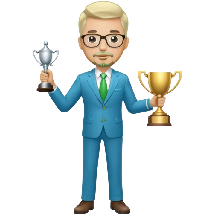 Full Body large white male  wearing glasses with a goatee with light blonde gray very short hair basketball head Coach in blue and green suit holding trophy emoji