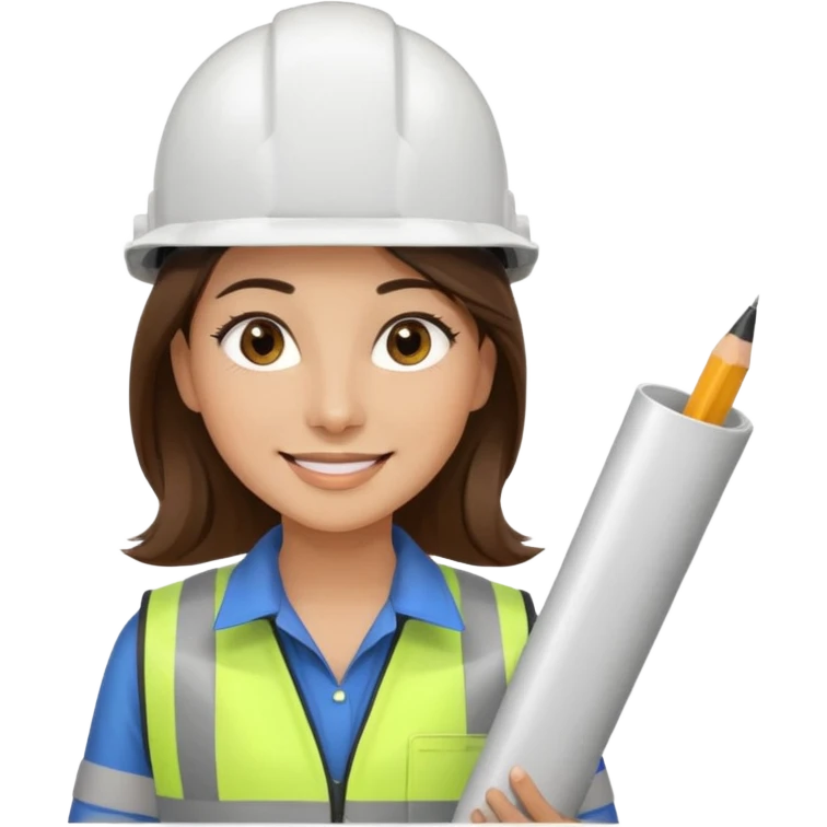 Arquitecta ojos marrones oscuros pestañas piel oliva pelo marron por los hombros sonrie casco blanco chaleco reflectante y material de dibujo técnico emoji