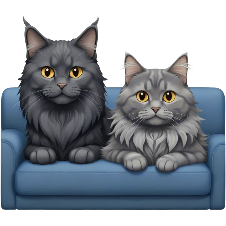 Portrait of a black smoke Maine Coon cat with long grey ear tufts, alongside a British Shorthair cat with a solid blue coat on sofa. Both cats with detailed fur textures and playful expressions. Soft, elegant background of room with warm, natural tones. Transparent background. emoji