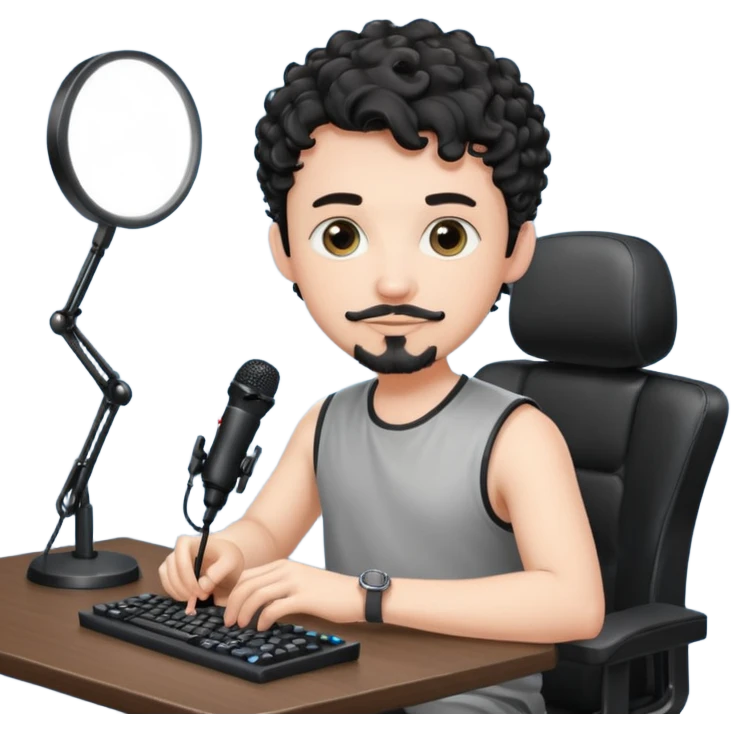 a setup of a youtuber his blach curly short hair, white skin, a thin goatee, with a desktop pc on a table, a gaming chair, microphone, ring light emoji