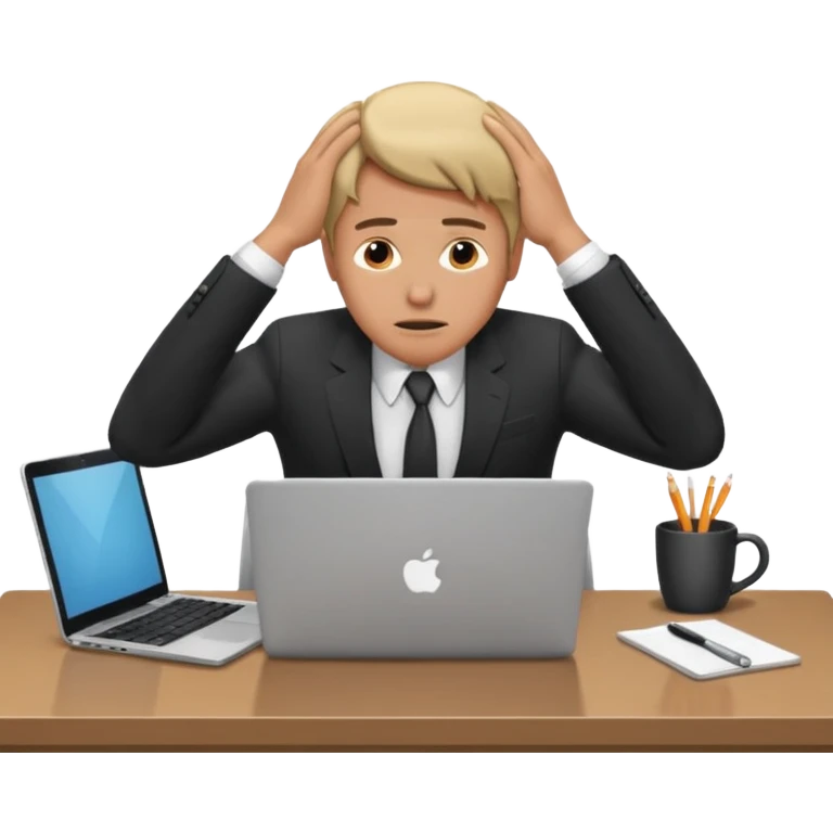 A man in corporate attire sitting at a desk, having fatigue hands on head while working on a laptop emoji