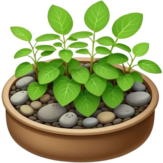 Small dish garden with Plectranthus Verticillatus sprouts having perfectly circular coin-shaped leaves arranged with small rocks emoji