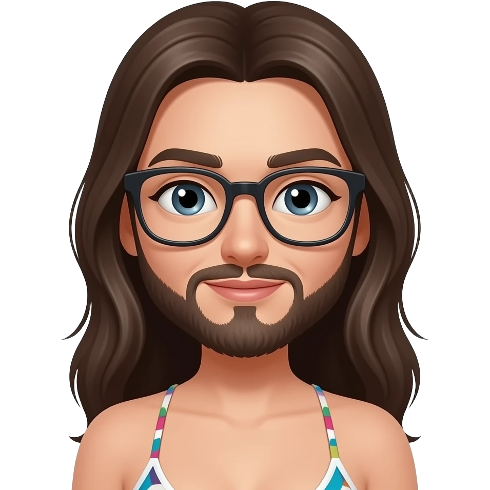 Highly attractive woman in a bikini but has a crusty man face with a beard and glasses emoji