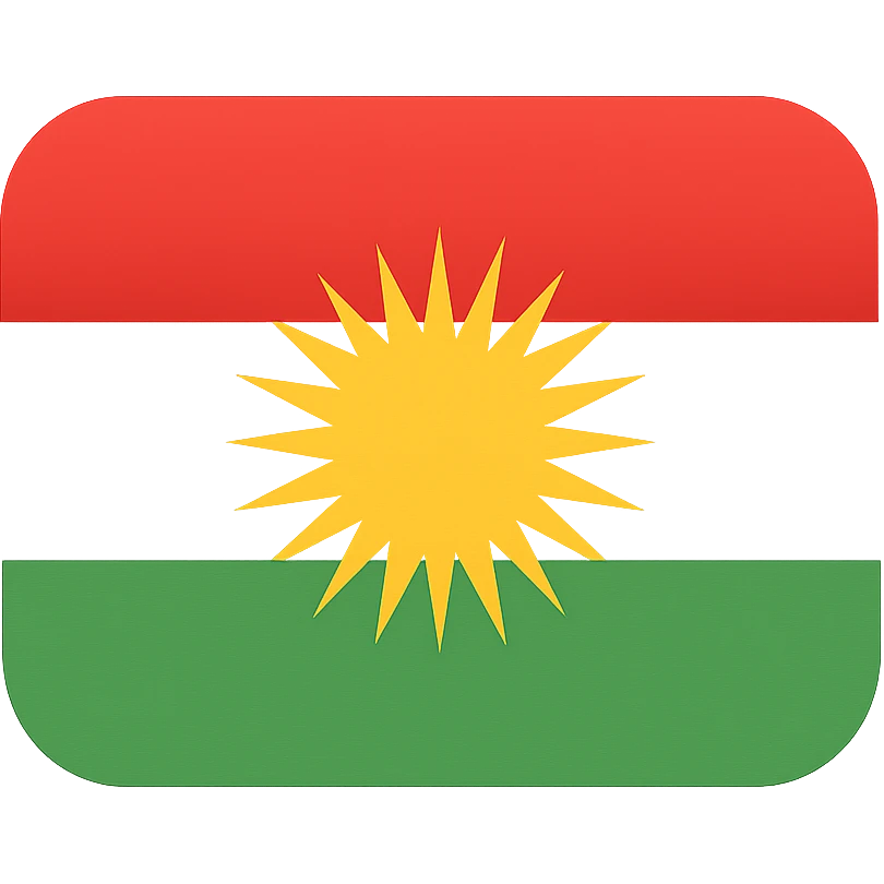 Kurdistan flag, flat icon style, red, white, green stripes, yellow sun in center, simple and modern, no text emoji