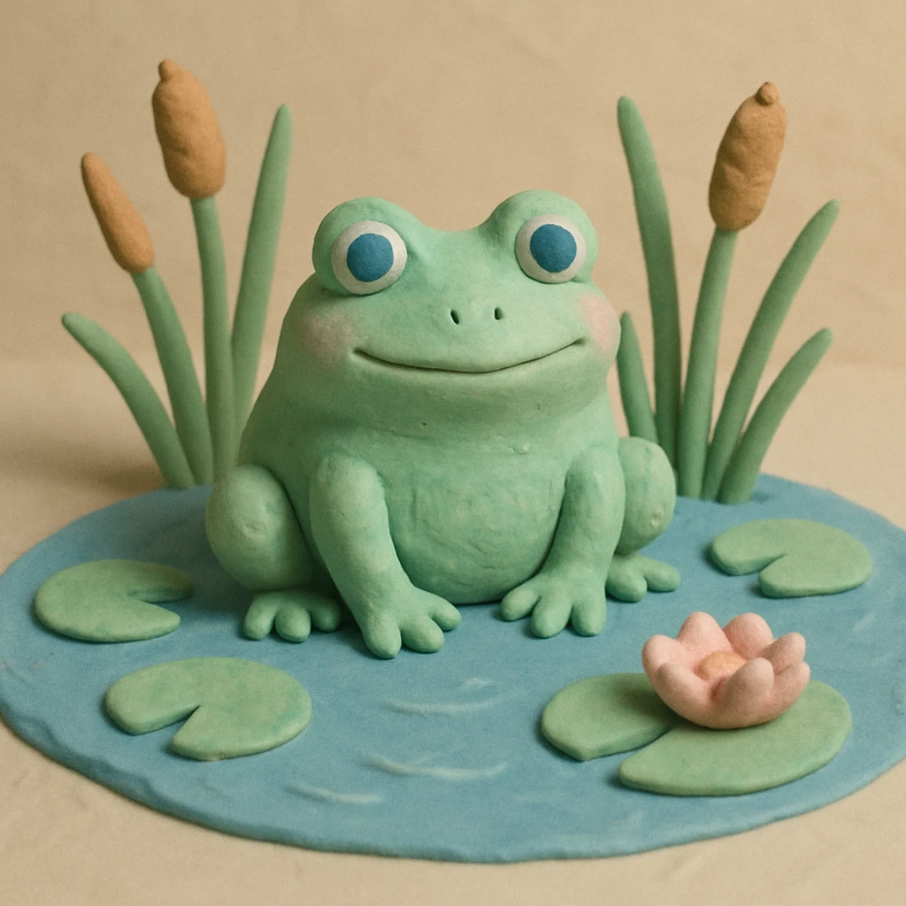 frog sitting in a pond with visible water lilies and reeds, soft pastel colors, claymation style emoji