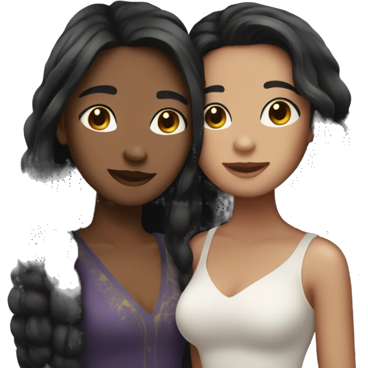 A lesbian couple who both have white skin and long black hair are in love emoji