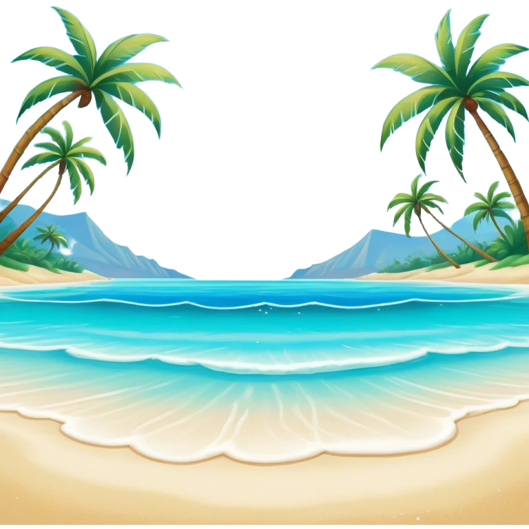 Cinematic Realistic Pristine Crystal-Clear Water Beach Emoji in a wooden frame, Sunny and radiant, with soft golden sand stretching endlessly, gently lapping waves of crystal-clear turquoise water washing onto the shore. The water is so transparent it reveals the shimmering seabed below, creating an idyllic, pristine setting. Above, the sky is a vivid blue, with a few gentle wisps of clouds. Palm trees sway gracefully in the warm breeze, their reflections mirrored in the water. Soft glowing outline, capturing the essence of a peaceful, serene beach paradise where every element gleams with natural beauty. emoji