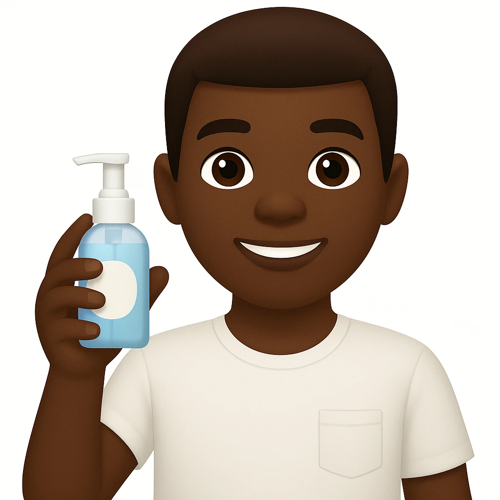 Make the boy Black while keeping the same morning skincare theme in an emoji style. The style is emoji, but since emoji style does not support editing, use the general style editor to replicate the emoji look. emoji