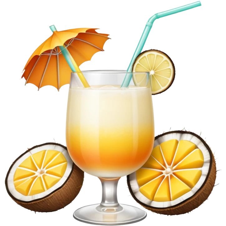 A beautiful cocktail with a creamy white to orange gradient, containing coconut juice and mango, reminiscent of summer. Above, there are tropical flowers, lemon slices, and a straws. emoji