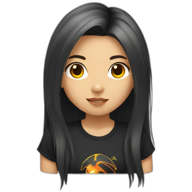 Asian girl with long hair and a Metallica t-shirt working hard emoji