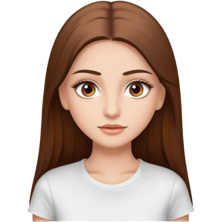 Chica de pelo liso ,largo y marrón con ojos color marrón  y una camiseta blanca y la piel blanca con pestañas y maquillada clean look emoji
