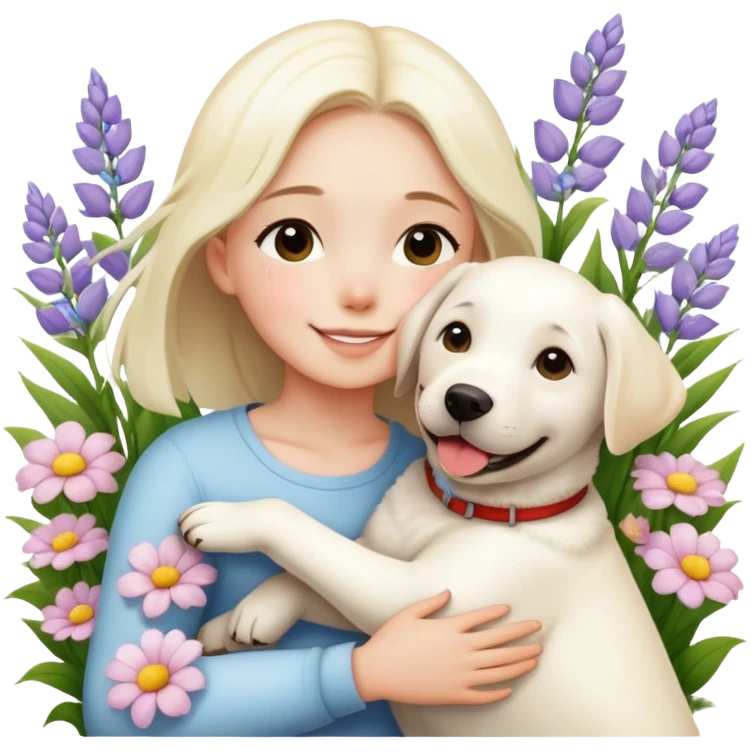 A girl happily hugs a white Labrador among the flowers emoji