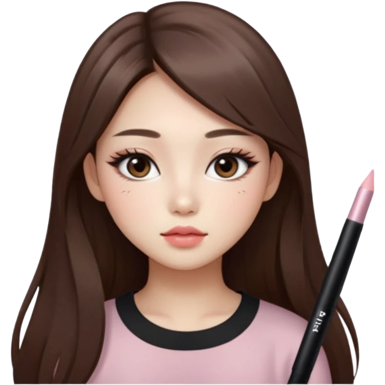 “korean straight long brown hair Emoji girl, soft eyeliner and blush, gradient lips, light brown shimmer eyeshadow emoji
