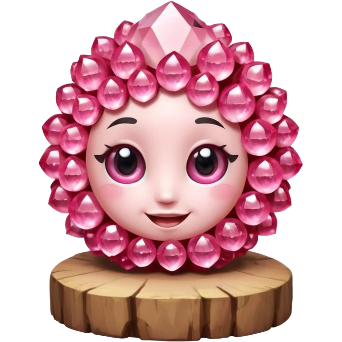 A single cute pink crystal cluster character, chunky round base with many tall rose-pink crystal quartz cluster imperfect, on the front of the base a kawaii face with big shiny eyes and a happy open smile very shiny emoji