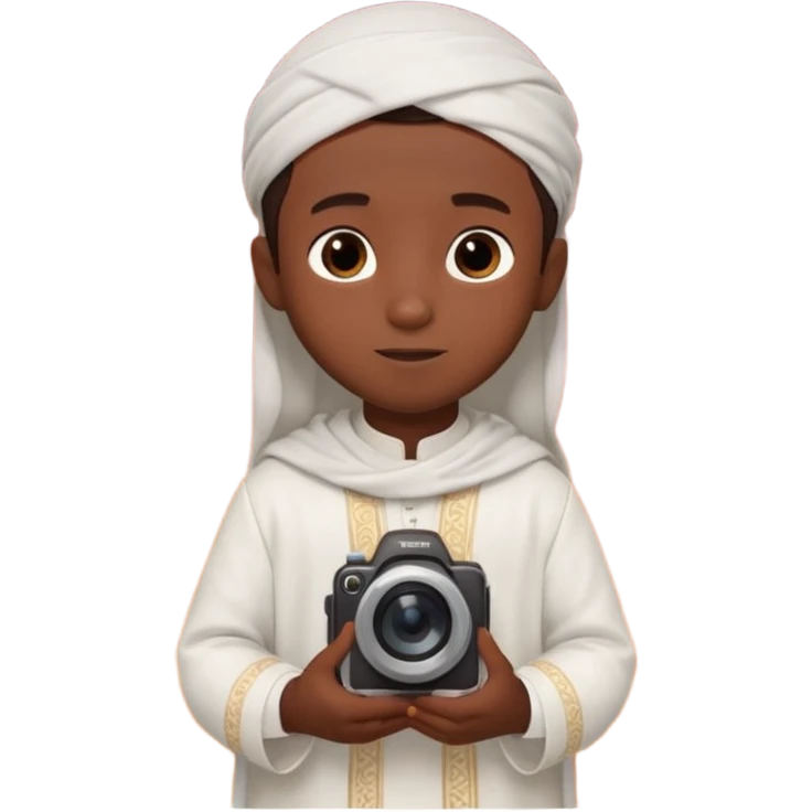 Personnage 3D mignon en style Pixar, un petit garçon portant un qamis blanc et un kufi, tenant un tapis de prière, entouré de lanternes brillantes, fond doux, couleurs chaudes, garçon teint noir TENANT UN APPAREIL PHOTO emoji