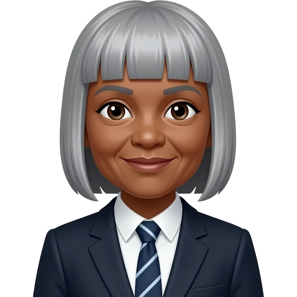dark skinned female 80 years old with straight grey hair with a fringe using suit. remove  dot on forehead emoji