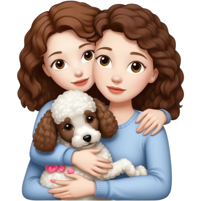 Beautiful woman with pale skin and brown hair hugging a white poodle dog emoji