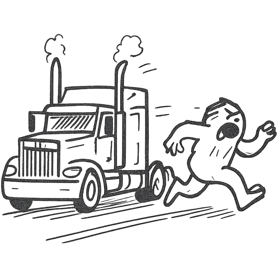 2026 Kenworth W680 flat top semi sleeper with stacks chasing an abominable snowman down the road, hand drawn style emoji