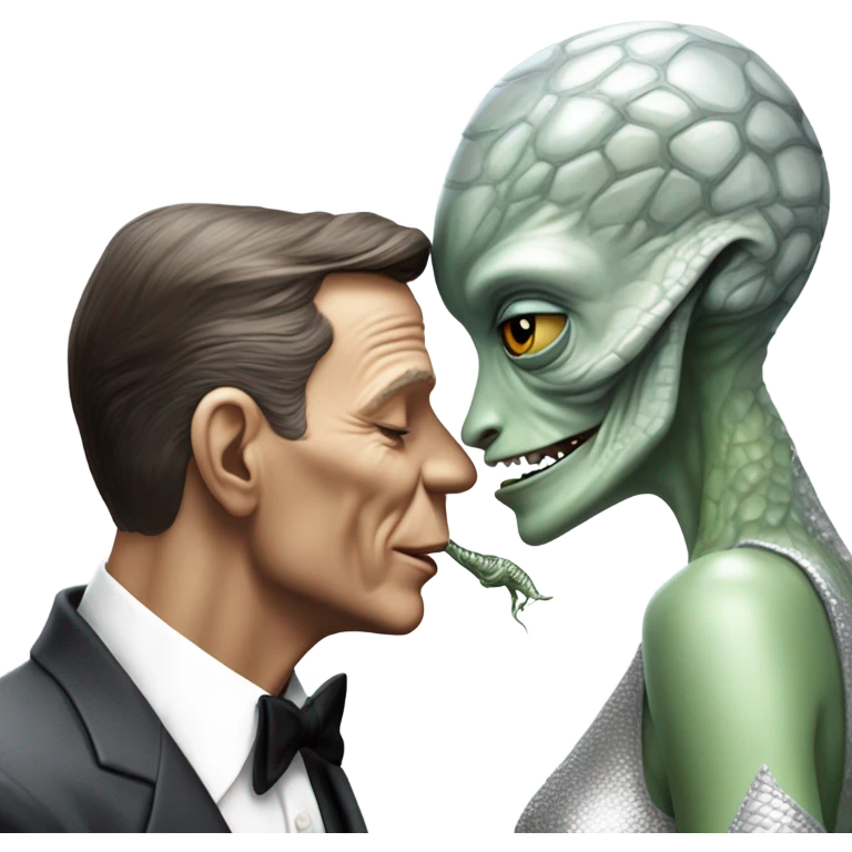 Frank Sinatra  hugs and kissing Alien reptilian woman in silver dress  emoji