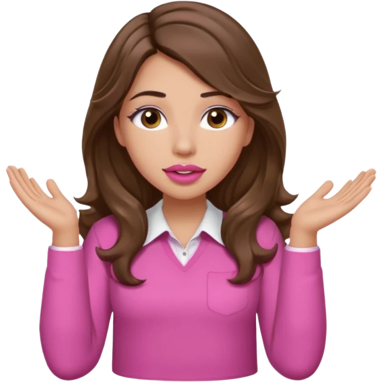 girl with long wavy brown hair, brown eyes, light to medium complexion, in a pink shirt, pink lips, long lashes, puckered lips, both hands all the way up for worship emoji