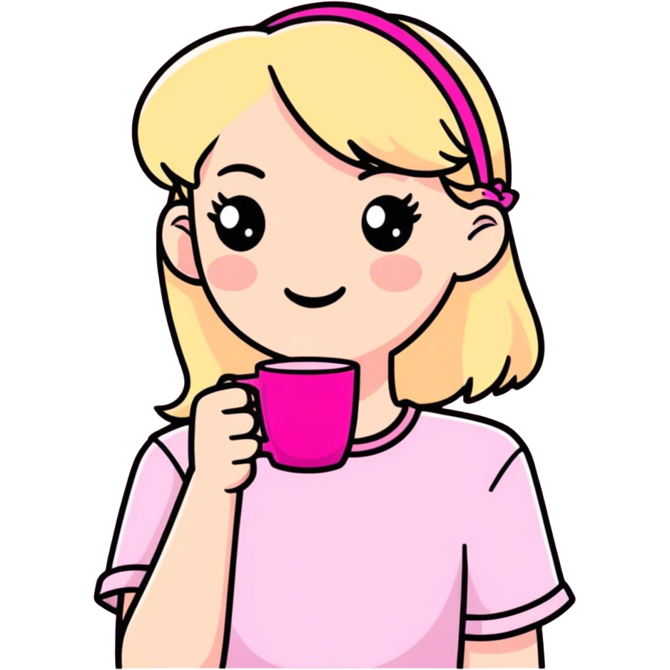 Crea un sticker de una persona rubia con accesorios rosas y un vaso rosa en la mano  emoji