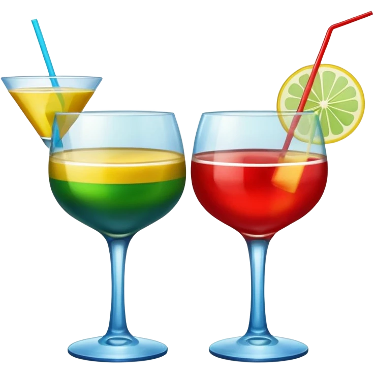 Create an emoji of two cocktails, one glass of green and yellow color and one glass of blue and red, without any fruit, put the action of cheers or party that two glass click together emoji