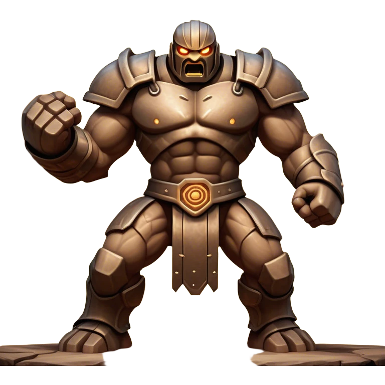 Cinematic Fierce Mighty Iron Golem Portrait Emoji Depicted mid-action in a dynamic, battle-ready stance, massive fists clenched, the ancient metallic plates along its form shifting with raw power. Its eyes blaze like molten fire within a carved, rune-etched face, exuding both divine purpose and mechanical precision. Weathered steel and dark bronze tones are accented by glowing, arcane inscriptions, each detail meticulously crafted with lifelike metallic reflections. High shine, imposing yet regal, styled with an air of indestructible might, soft glowing outline, capturing the essence of an unstoppable colossus that looks ready to charge forth with a thunderous step! emoji