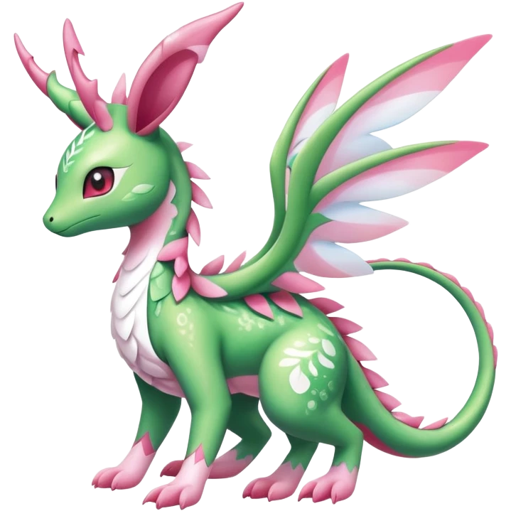 Shiny Exotic Cute Majestic Ethereal Sparkly Flygon-Sylveon-Shaymin-Meganium-Hybrid-Creature with white pattern-markings emoji