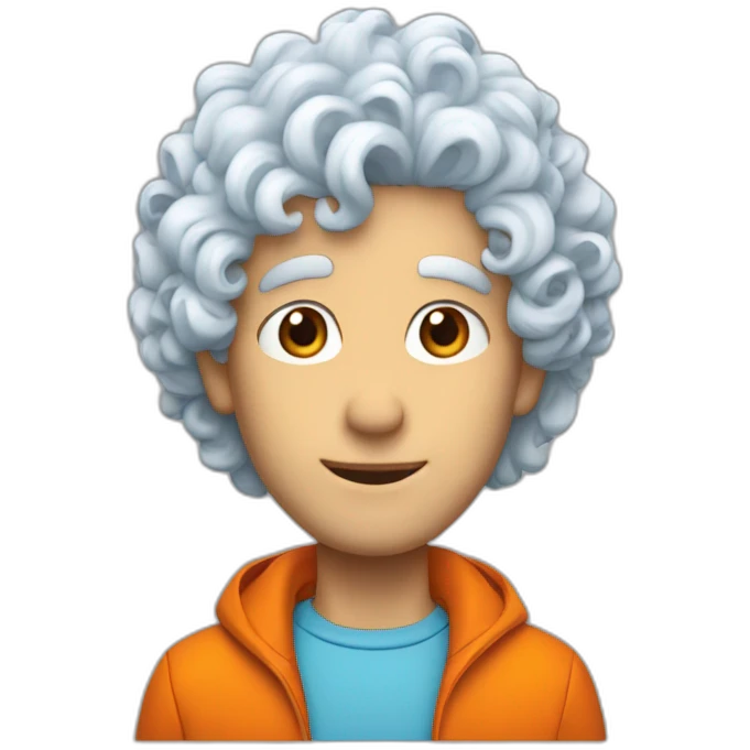 light blue skined curly white hair man with orange jacket emoji