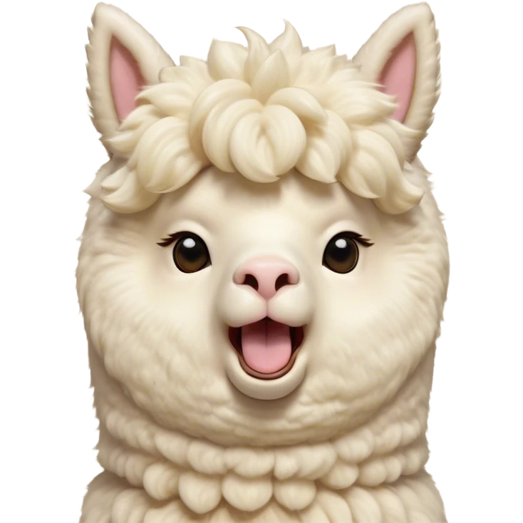 Cinematic Cute Yawning Cream Alpaca Portrait Emoji, Head tilted slightly with a dramatic, wide-open yawn, showcasing a soft, fluffy cream fleece with subtly drooping ears, round gentle eyes barely open in drowsy contentment, Simplified yet irresistibly adorable features, highly detailed, glowing with a soft, cozy glow, high shine, relaxed yet expressive, stylized with a touch of whimsy, bright and endearing, soft glowing outline, capturing the essence of a sleepy yet affectionate alpaca, so drowsy it feels like it could stretch out of the screen and curl up for a nap! emoji