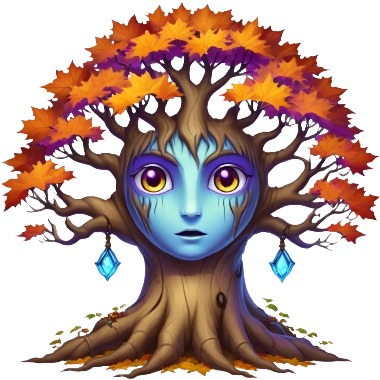An ancient, psychic tree evolves by absorbing the essence of fallen autumn spirits, sprouting a radiant, maple-crowned face that channels both forest wisdom and fiery seasonal magic through its gnarled. Purple eyes, blue eyes sharp teeth, bark skin heterochromia emoji
