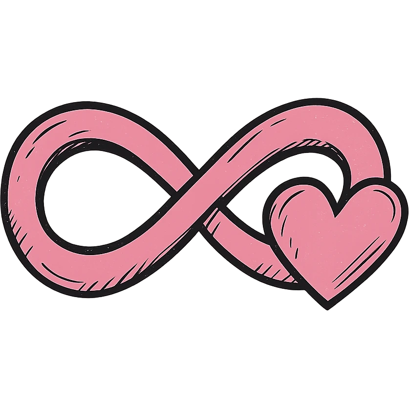 pink infinity sign in drawn style with sharp defined contours, cartoon-like shadows and highlights, heart merged into the lower right curve of the infinity, heart looks like a natural extension of the symbol emoji