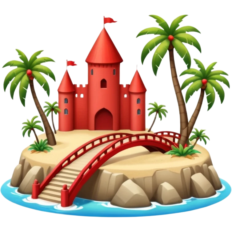 a circular island with a modern chateau, a beach with palm trees in front. also, a red bridge behind.  emoji