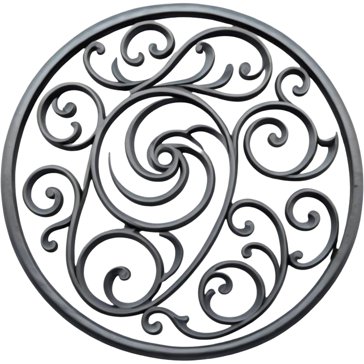 Forged metal icon, intricate wrought iron bas-relief with delicate patterns, swirling shapes, textured metal surface, blacksmithing tools nearby, minimalistic style, clean lines, transparent background. emoji