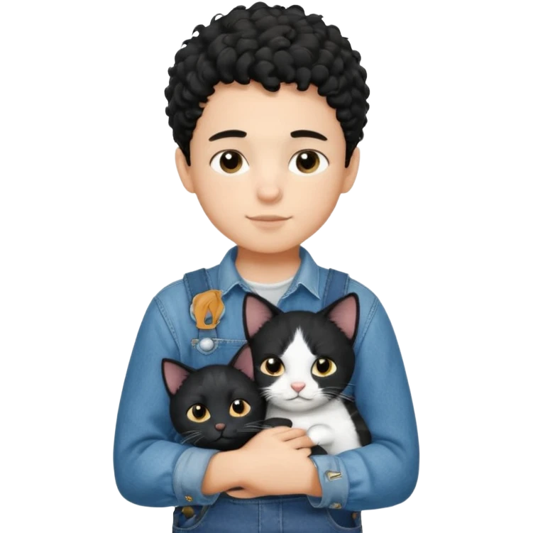 Apple emoji of a 13 year old boy with short black curly hair and dark brown eyes of light skin with denim shirt and overalls hugging a black and white cat emoji
