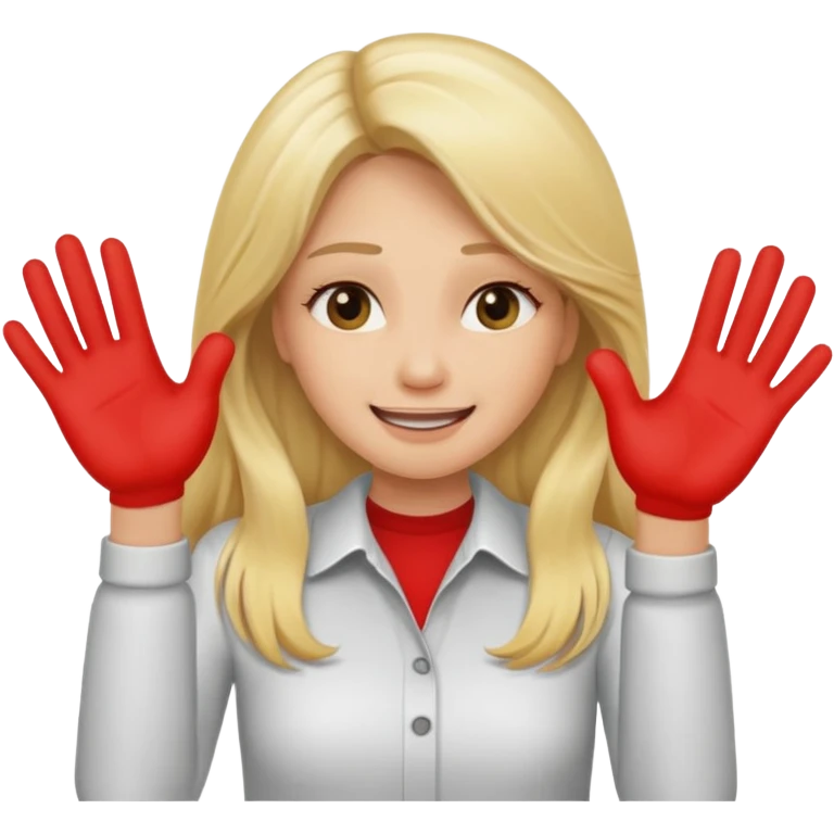 blonde female long hair saying stop smiling funny using both hands emoji